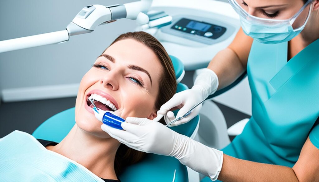 Profissional realizando clareamento dental