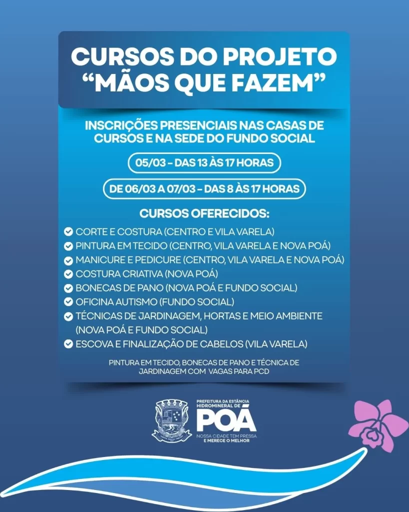 Poá Abre Inscrições para os Cursos Gratuitos do Projeto “Mãos que Fazem”